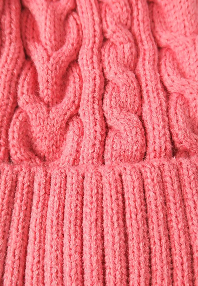 หมวกไหมพรมทรงบีนนี่แต่งปอม - Fleece Lined Cable Knitted Pom Pom Beanie Hat