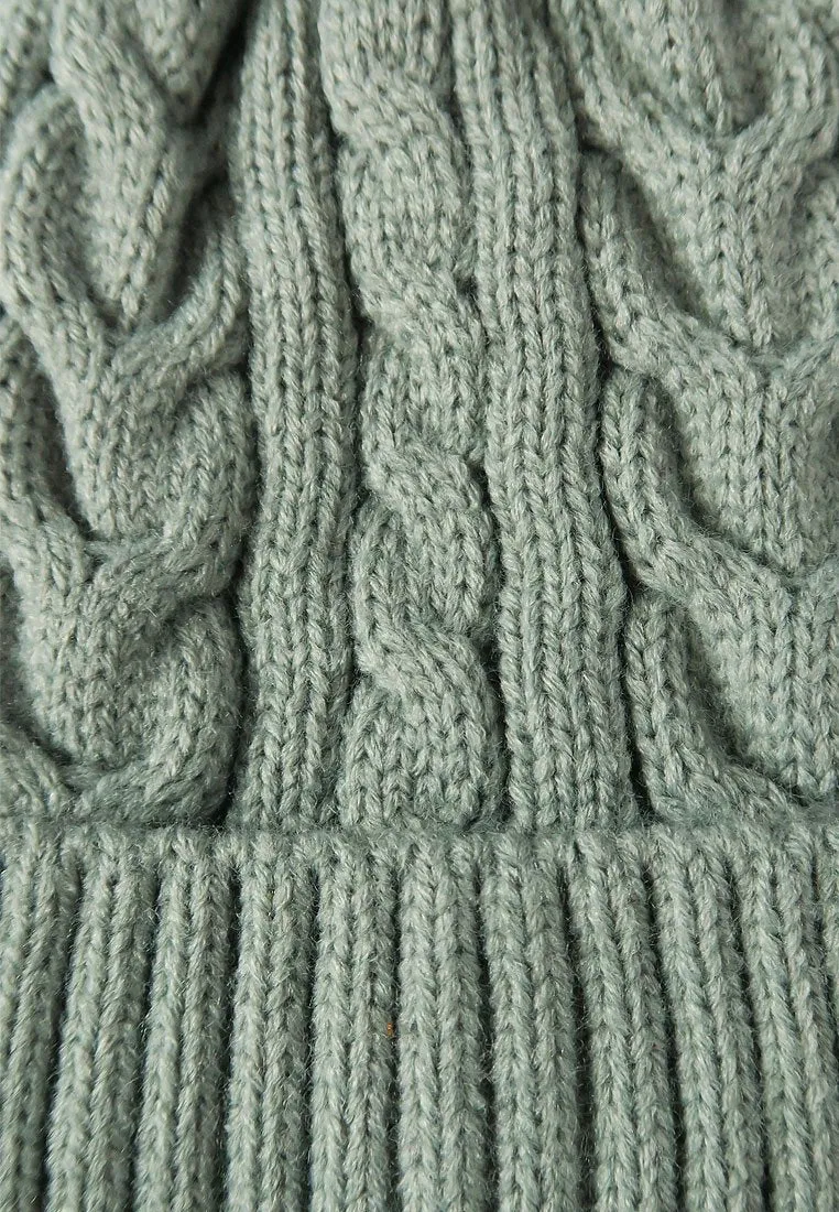 หมวกไหมพรมทรงบีนนี่แต่งปอม - Fleece Lined Cable Knitted Pom Pom Beanie Hat