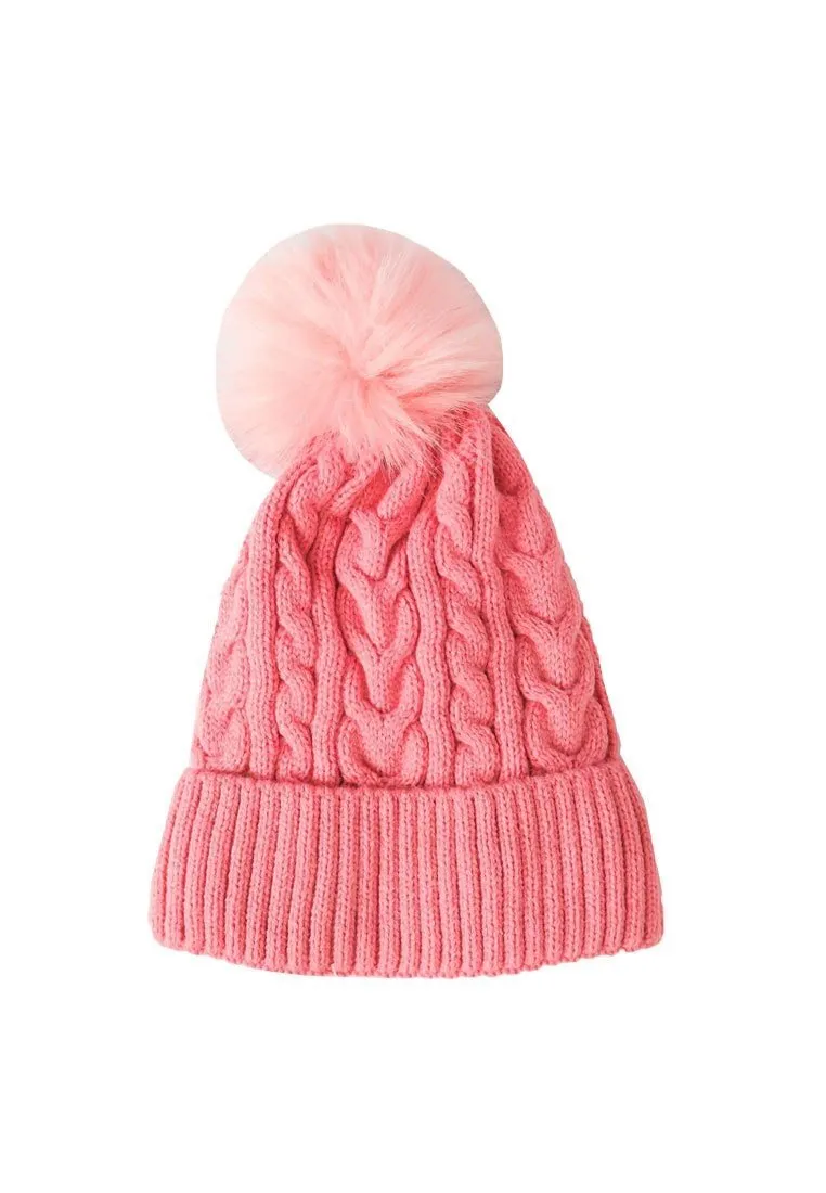 หมวกไหมพรมทรงบีนนี่แต่งปอม - Fleece Lined Cable Knitted Pom Pom Beanie Hat