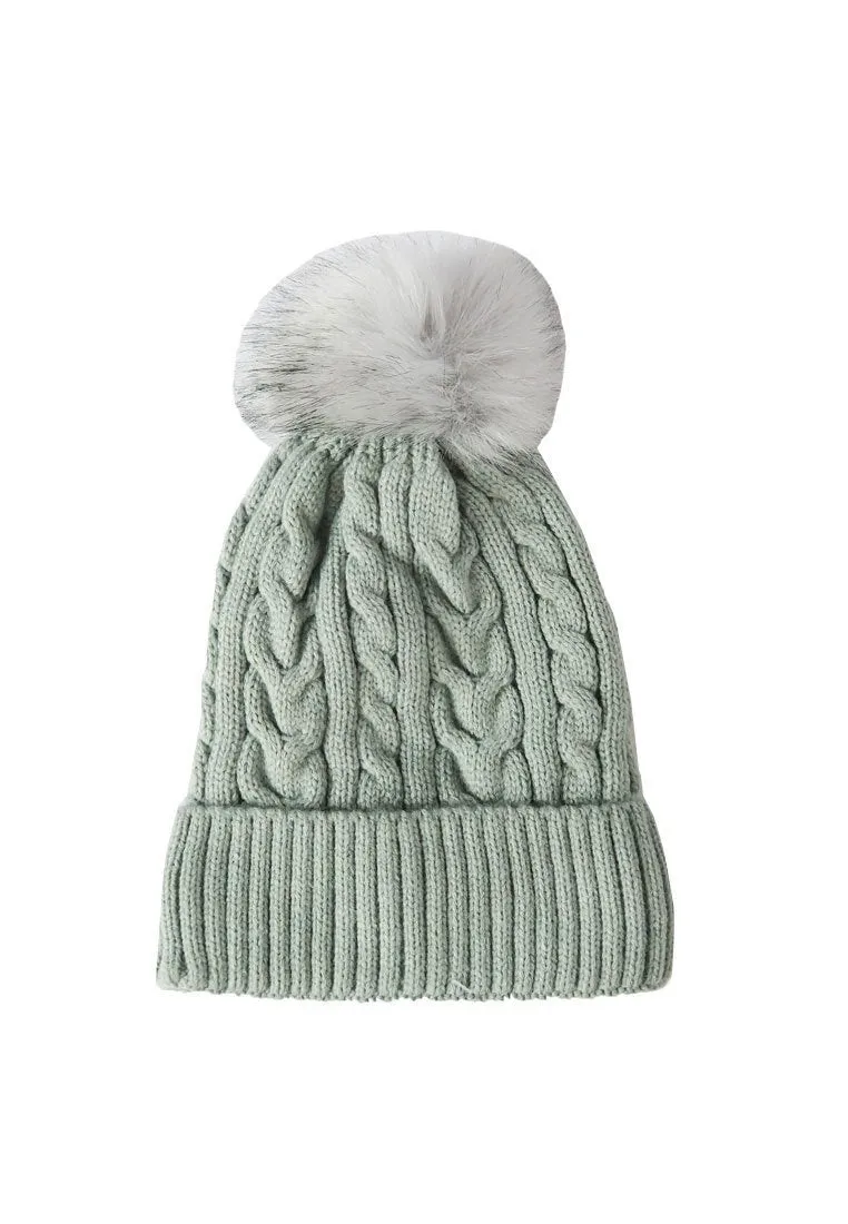 หมวกไหมพรมทรงบีนนี่แต่งปอม - Fleece Lined Cable Knitted Pom Pom Beanie Hat