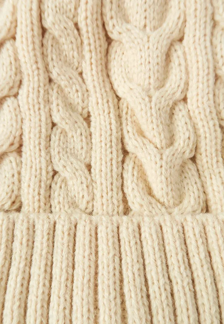 หมวกไหมพรมทรงบีนนี่แต่งปอม - Fleece Lined Cable Knitted Pom Pom Beanie Hat