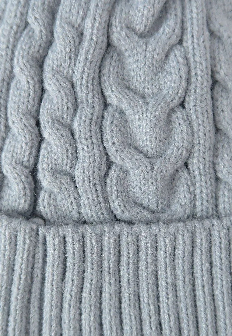 หมวกไหมพรมทรงบีนนี่แต่งปอม - Fleece Lined Cable Knitted Pom Pom Beanie Hat