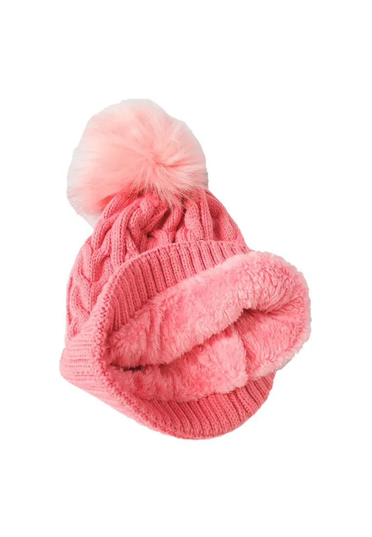 หมวกไหมพรมทรงบีนนี่แต่งปอม - Fleece Lined Cable Knitted Pom Pom Beanie Hat