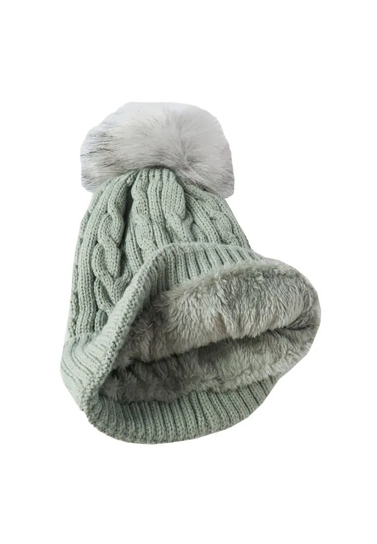 หมวกไหมพรมทรงบีนนี่แต่งปอม - Fleece Lined Cable Knitted Pom Pom Beanie Hat