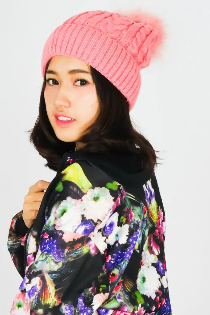 หมวกไหมพรมทรงบีนนี่แต่งปอม - Fleece Lined Cable Knitted Pom Pom Beanie Hat