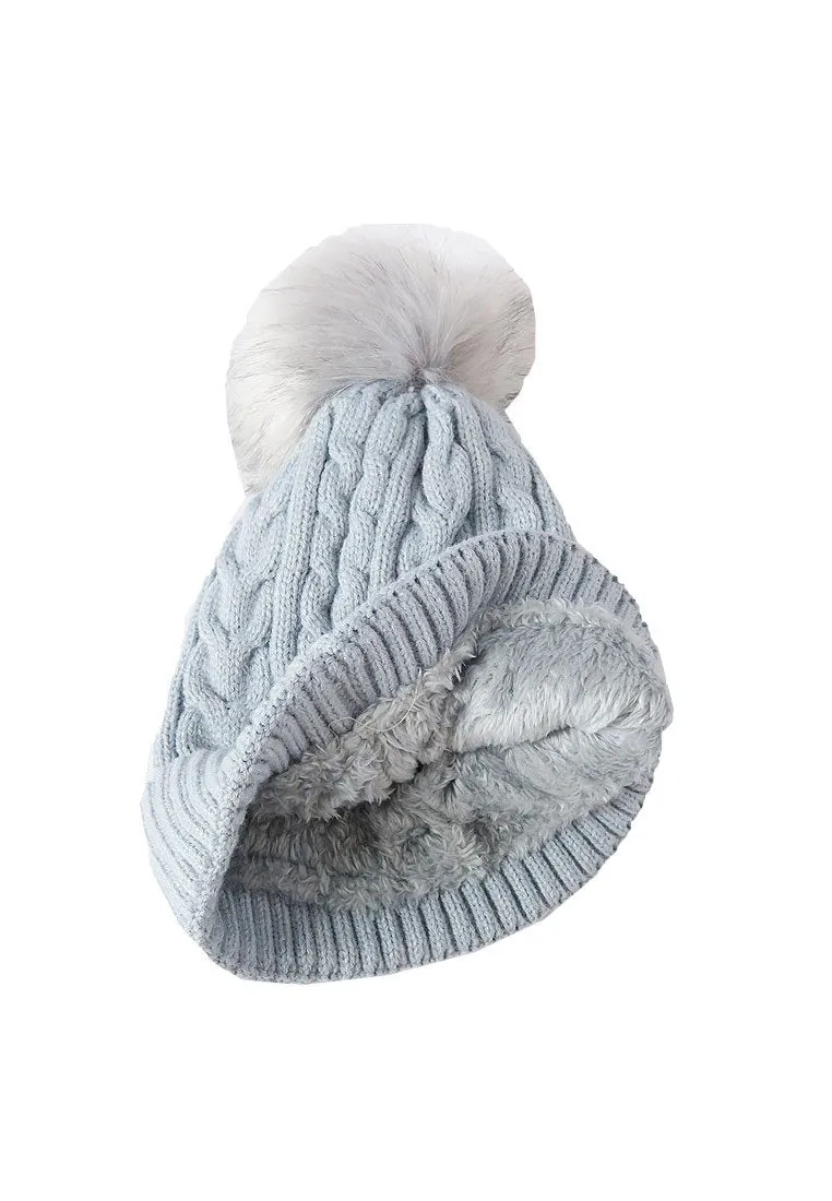 หมวกไหมพรมทรงบีนนี่แต่งปอม - Fleece Lined Cable Knitted Pom Pom Beanie Hat