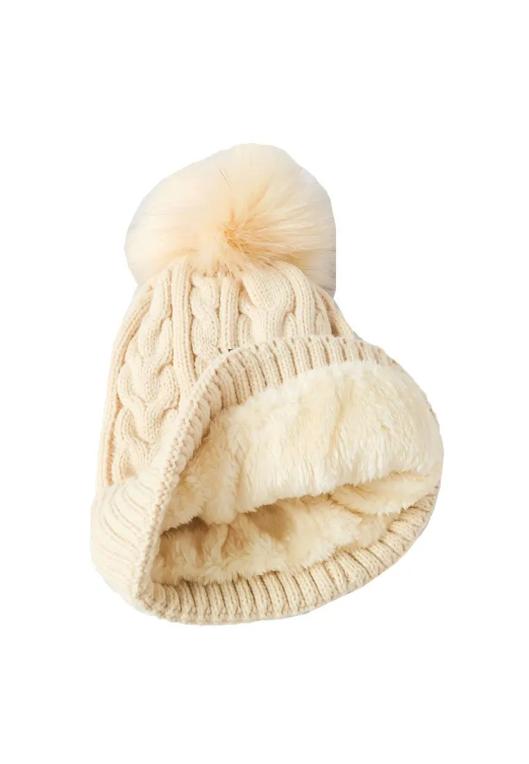 หมวกไหมพรมทรงบีนนี่แต่งปอม - Fleece Lined Cable Knitted Pom Pom Beanie Hat