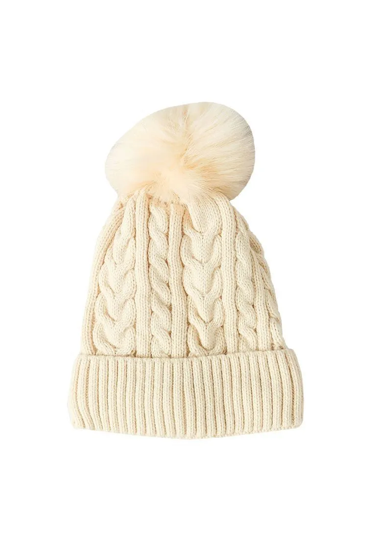 หมวกไหมพรมทรงบีนนี่แต่งปอม - Fleece Lined Cable Knitted Pom Pom Beanie Hat