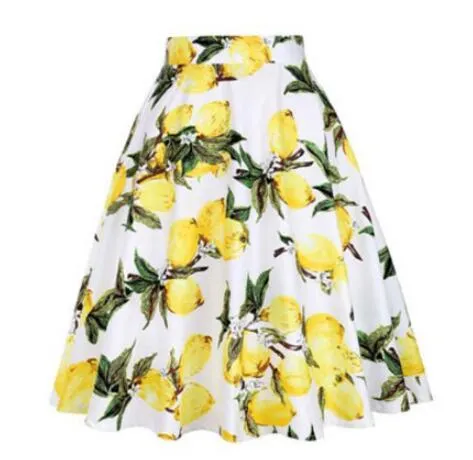 2023 Blue Strawberry Women Swing Midi Skirt High Waist Casual Office Retro Vintage 40s 50s 60s Pinup Rockabilly Plus Size Skirts