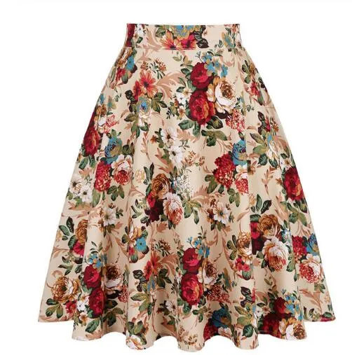 2023 Blue Strawberry Women Swing Midi Skirt High Waist Casual Office Retro Vintage 40s 50s 60s Pinup Rockabilly Plus Size Skirts