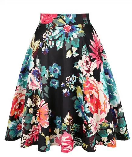 2023 Blue Strawberry Women Swing Midi Skirt High Waist Casual Office Retro Vintage 40s 50s 60s Pinup Rockabilly Plus Size Skirts