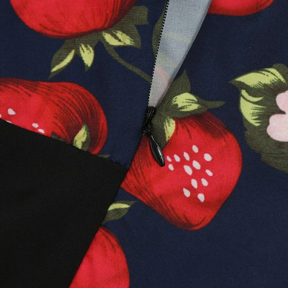 2023 Blue Strawberry Women Swing Midi Skirt High Waist Casual Office Retro Vintage 40s 50s 60s Pinup Rockabilly Plus Size Skirts