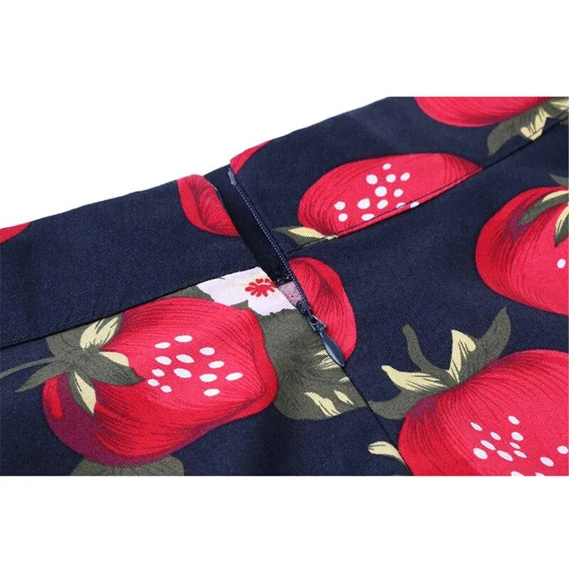 2023 Blue Strawberry Women Swing Midi Skirt High Waist Casual Office Retro Vintage 40s 50s 60s Pinup Rockabilly Plus Size Skirts