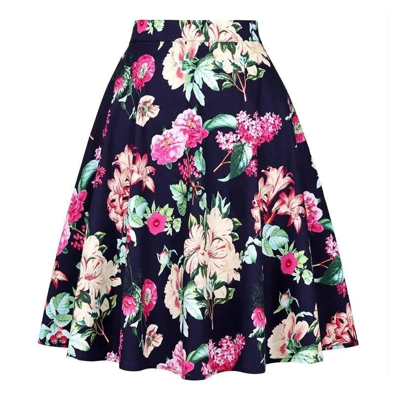 2023 Blue Strawberry Women Swing Midi Skirt High Waist Casual Office Retro Vintage 40s 50s 60s Pinup Rockabilly Plus Size Skirts