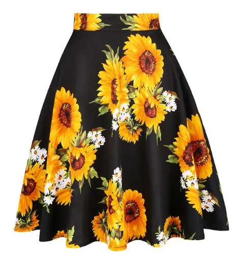 2023 Blue Strawberry Women Swing Midi Skirt High Waist Casual Office Retro Vintage 40s 50s 60s Pinup Rockabilly Plus Size Skirts