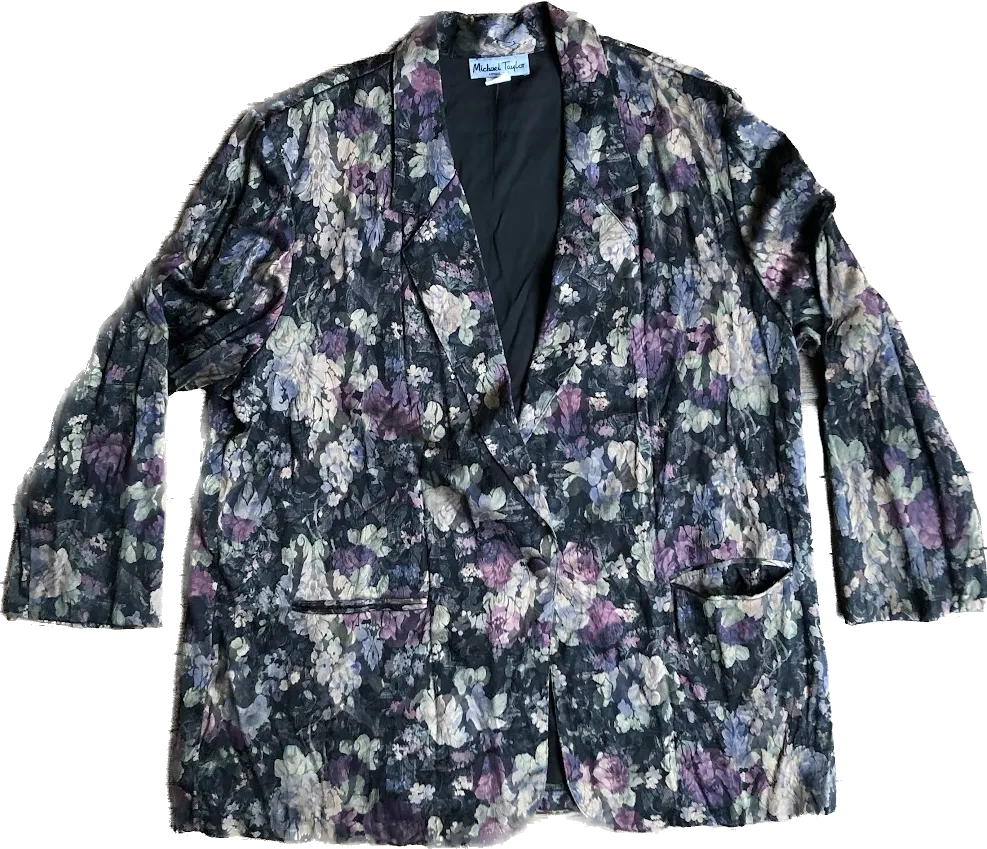 80s Michael Taylor Black Embossed Floral Blazer      XXXL