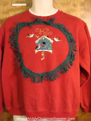 Bird and Birdhouse Red Funny Christmas Sweatshirt