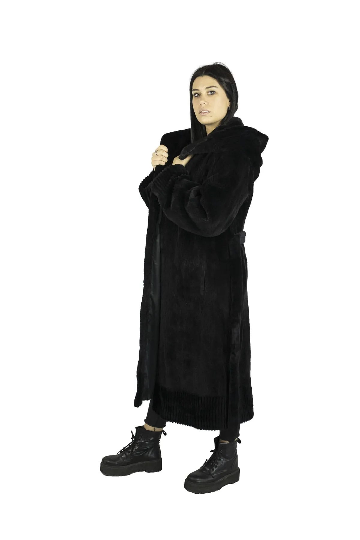 Black Laser Knitted Coat mink Hooded