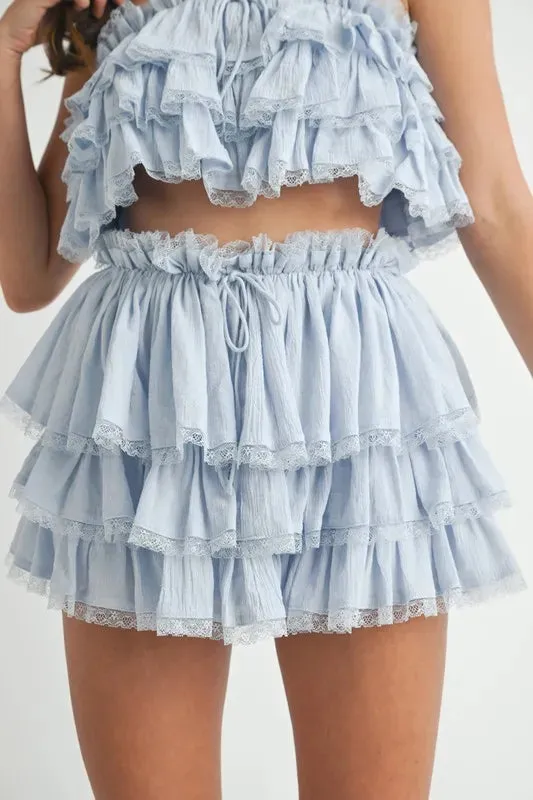Blue Ruffle Layered Crop Top & Mini Skirt Set