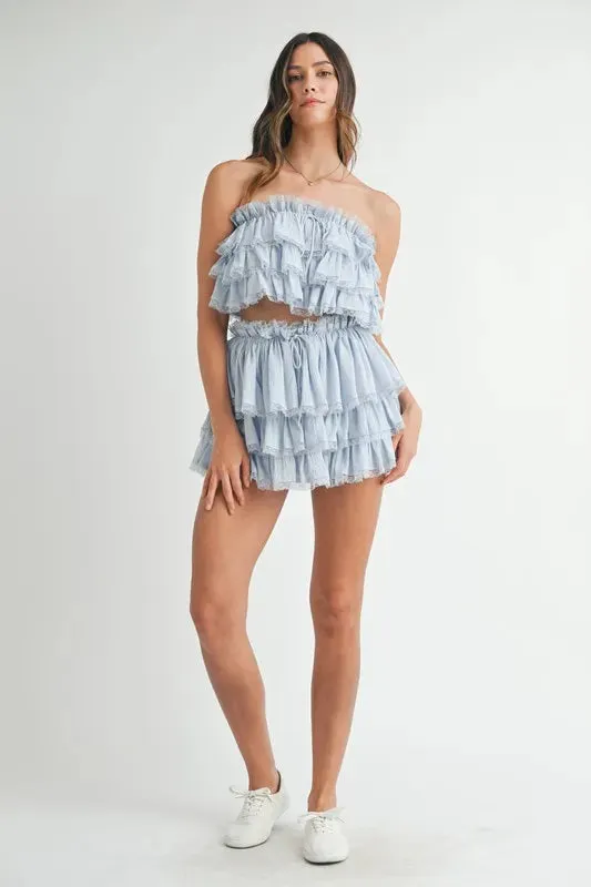 Blue Ruffle Layered Crop Top & Mini Skirt Set