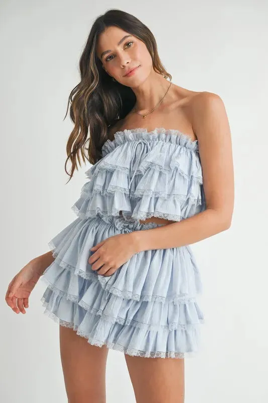 Blue Ruffle Layered Crop Top & Mini Skirt Set