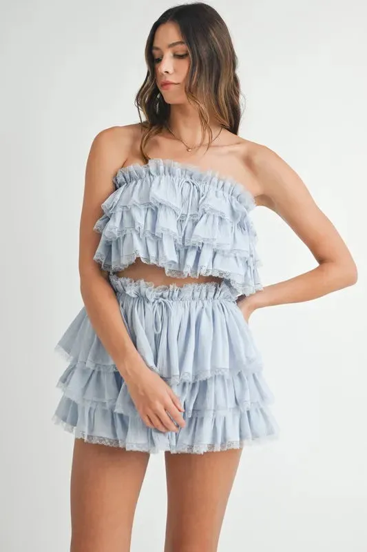Blue Ruffle Layered Crop Top & Mini Skirt Set