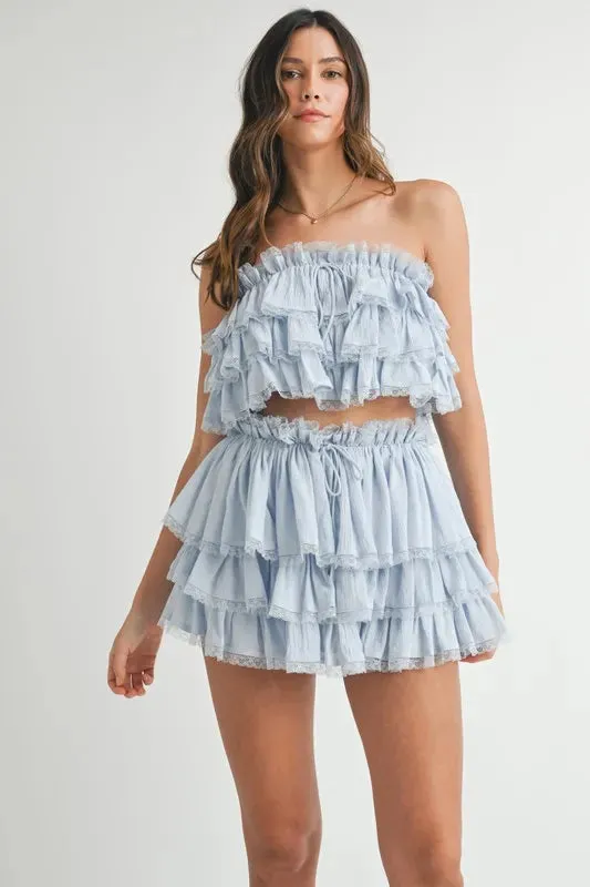 Blue Ruffle Layered Crop Top & Mini Skirt Set