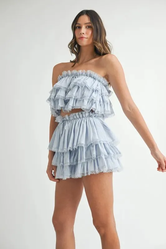 Blue Ruffle Layered Crop Top & Mini Skirt Set