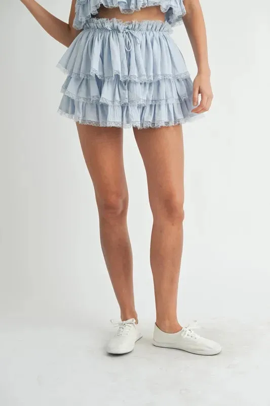 Blue Ruffle Layered Crop Top & Mini Skirt Set
