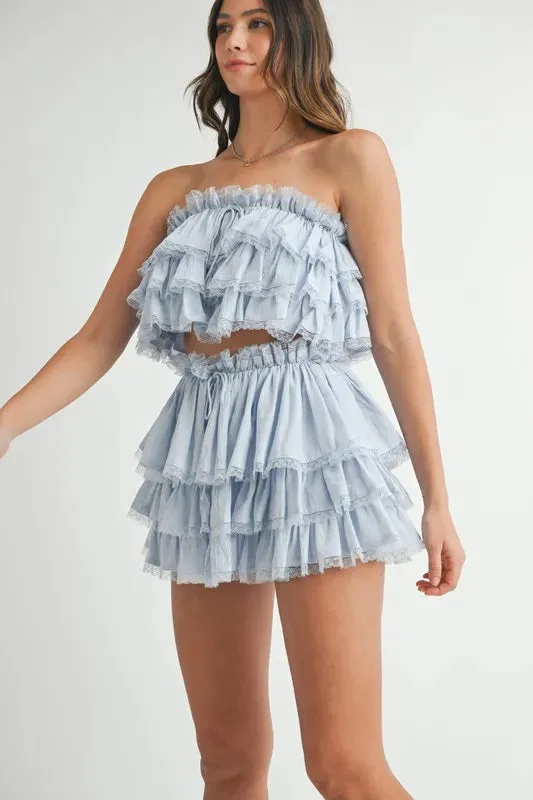 Blue Ruffle Layered Crop Top & Mini Skirt Set