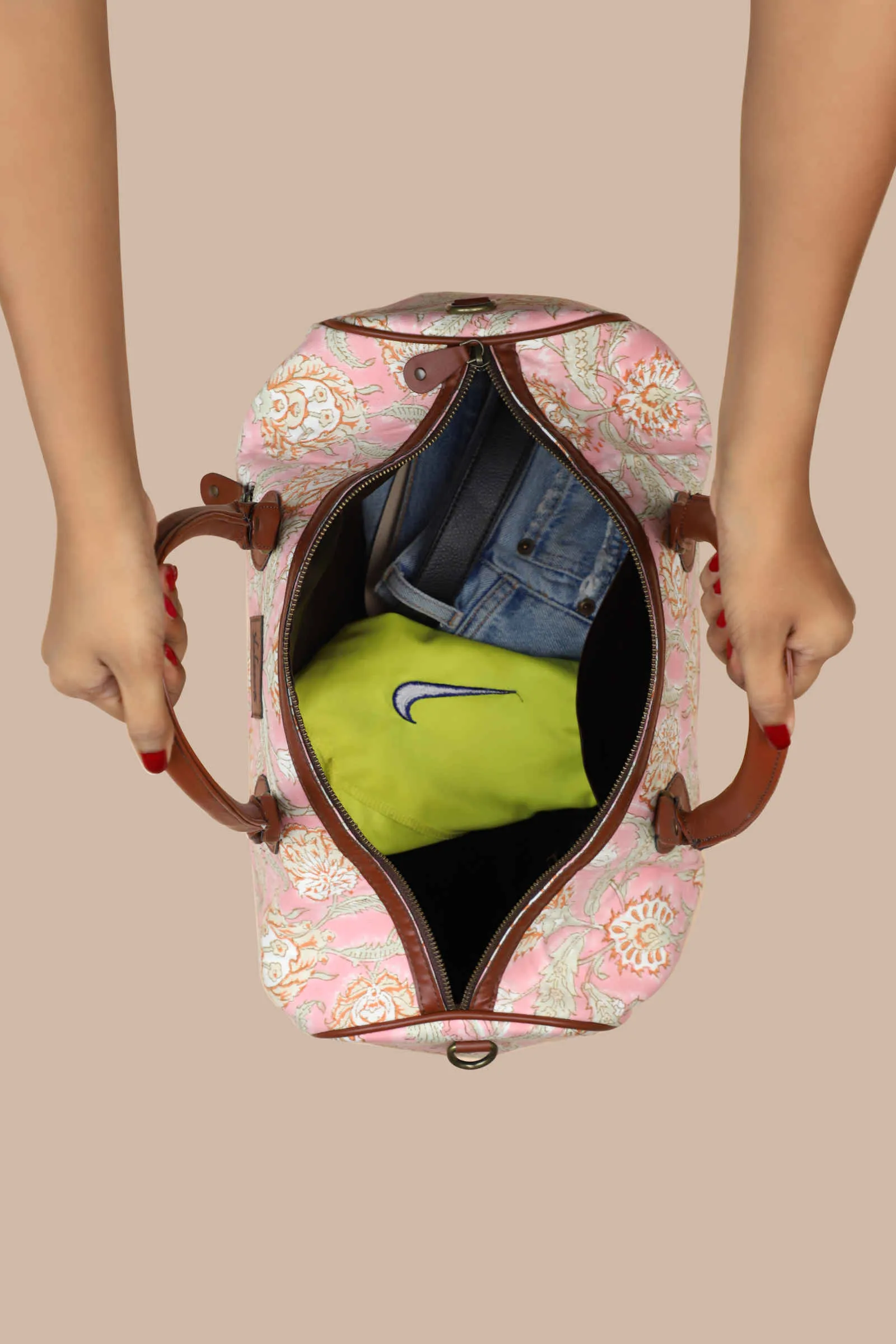 Blush Paradise Hand Block Printed Pink Duffle Bag