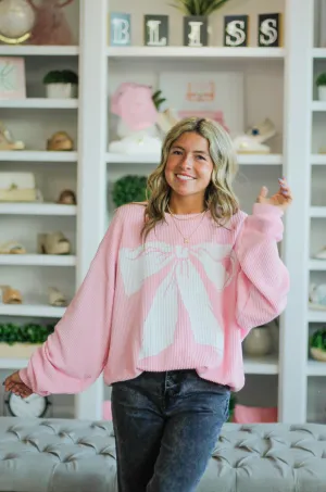 Bow Print Oversized Ribbed Graphic Sweatshirt