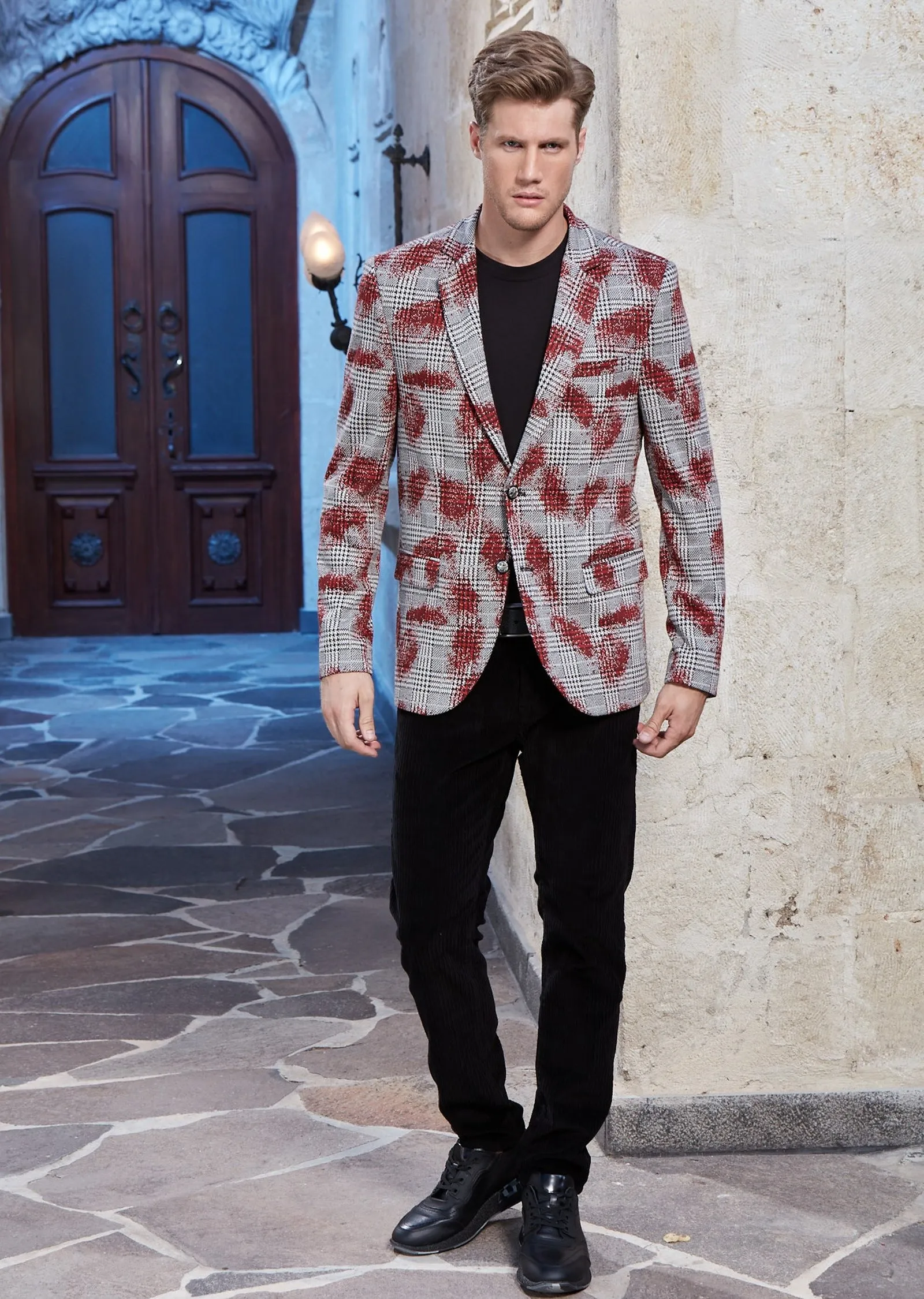 Burgundy Plaid Splash Knit Blazer