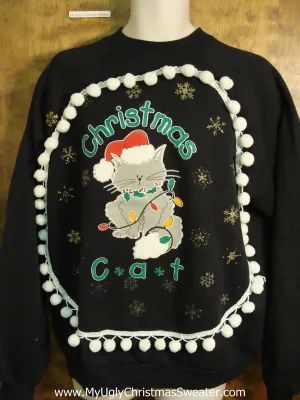 CHRISTMAS CAT 80s Funny Christmas Sweatshirt with Pompoms
