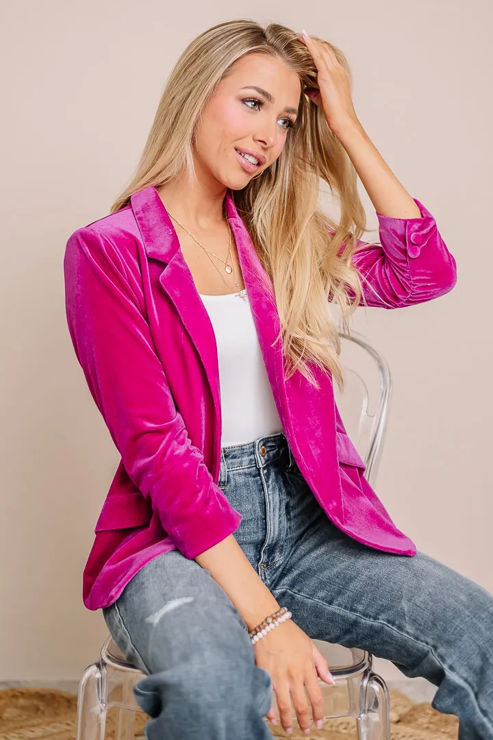Crushing It Velvet Blazer | Magenta