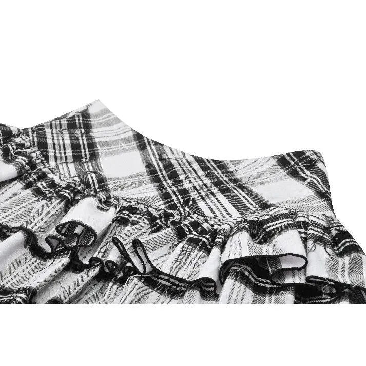 Dark in Love Quinn Punk Black and White Checkered Asymmetrical Messy Net Skirt