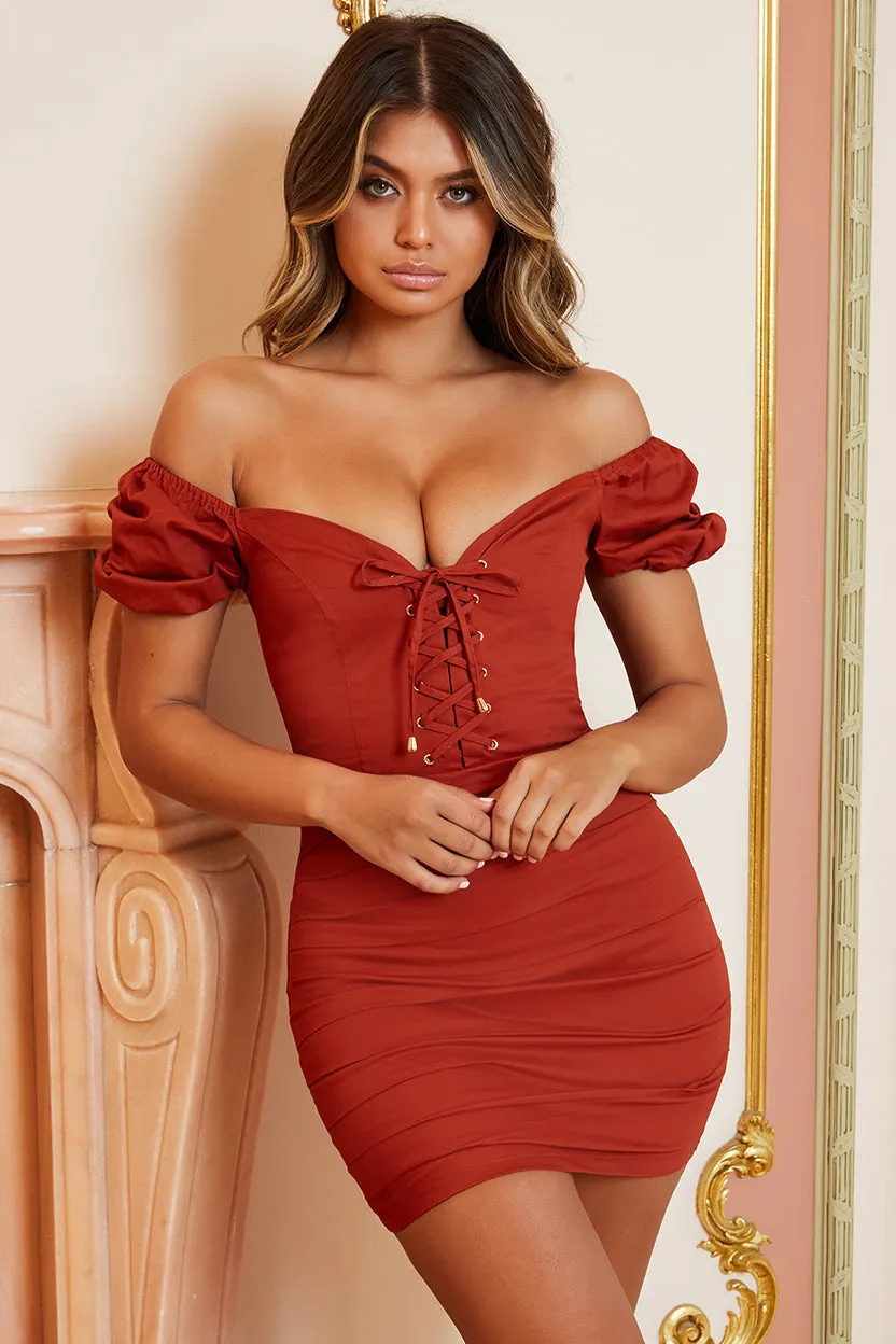 Day Dreamer Off The Shoulder Corset Mini Dress in Rust