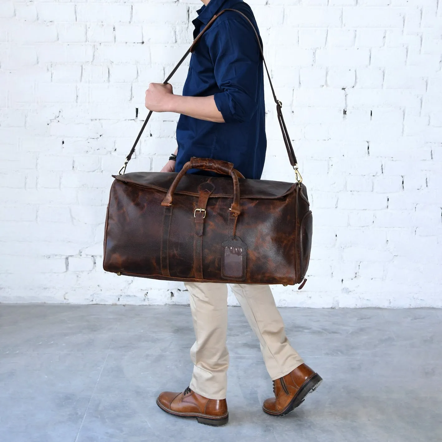 Dazzlo Full Grain Leather Duffle Bag with Shoe Compartment - Distressed Brown - 24"