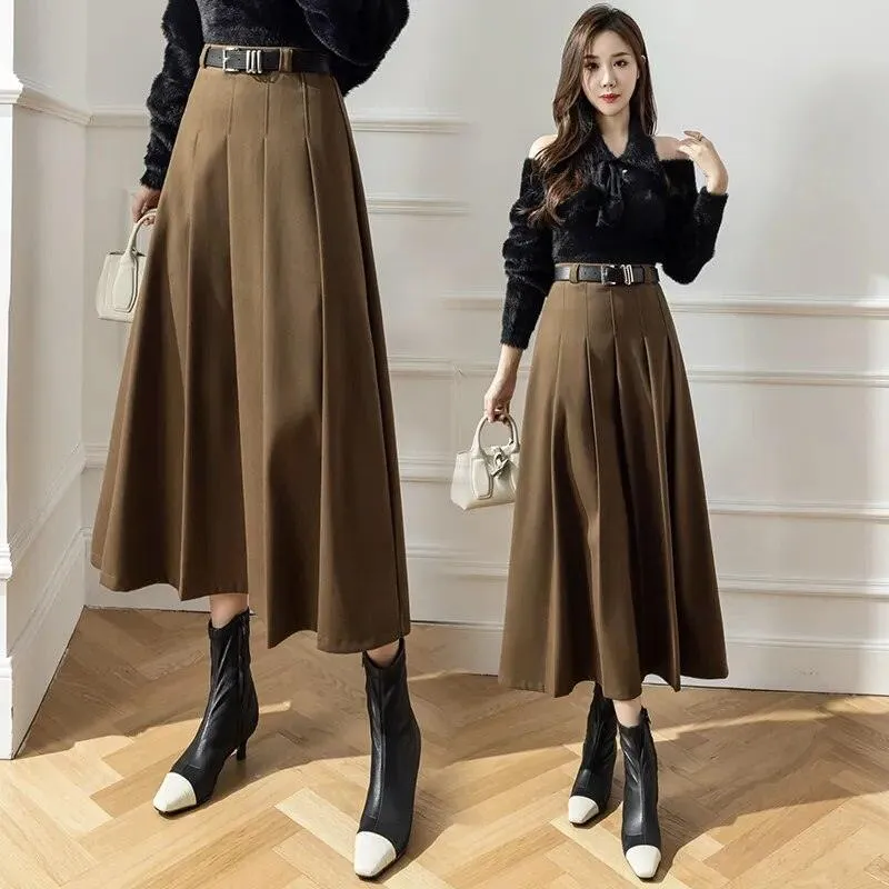 Elegant Vintage Woolen Skirt for Women | High Waist Pleated Design, Stylish