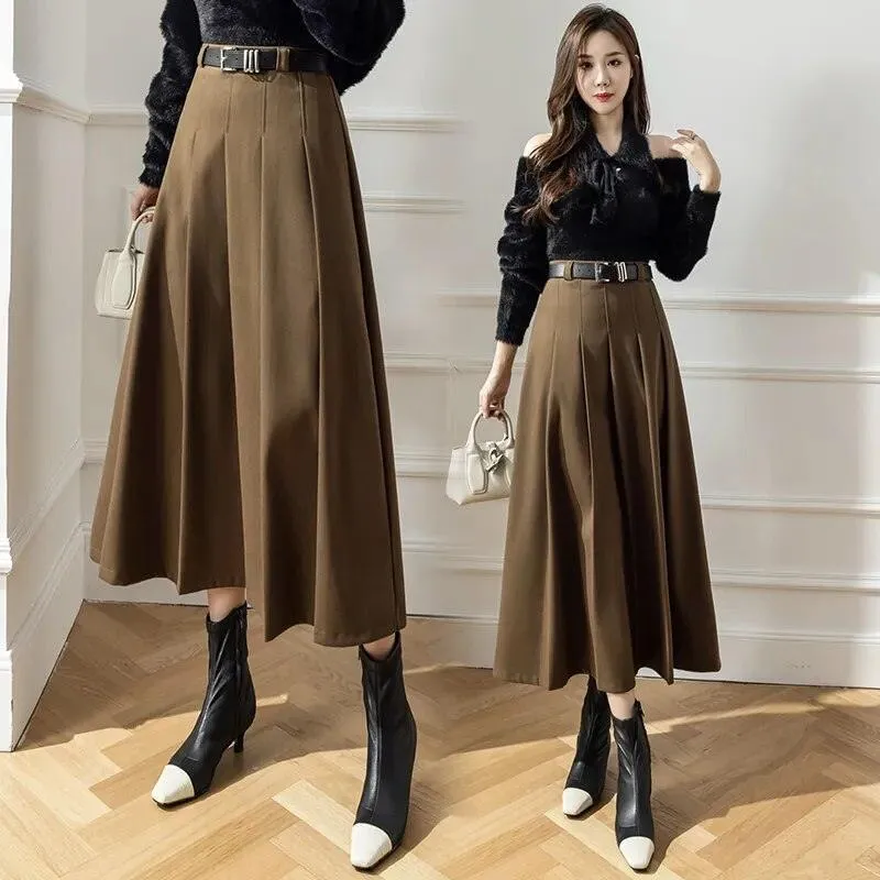 Elegant Vintage Woolen Skirt for Women | High Waist Pleated Design, Stylish