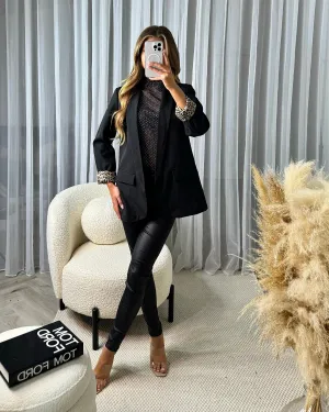 Elouise Leopard Print Detail Blazer - Black