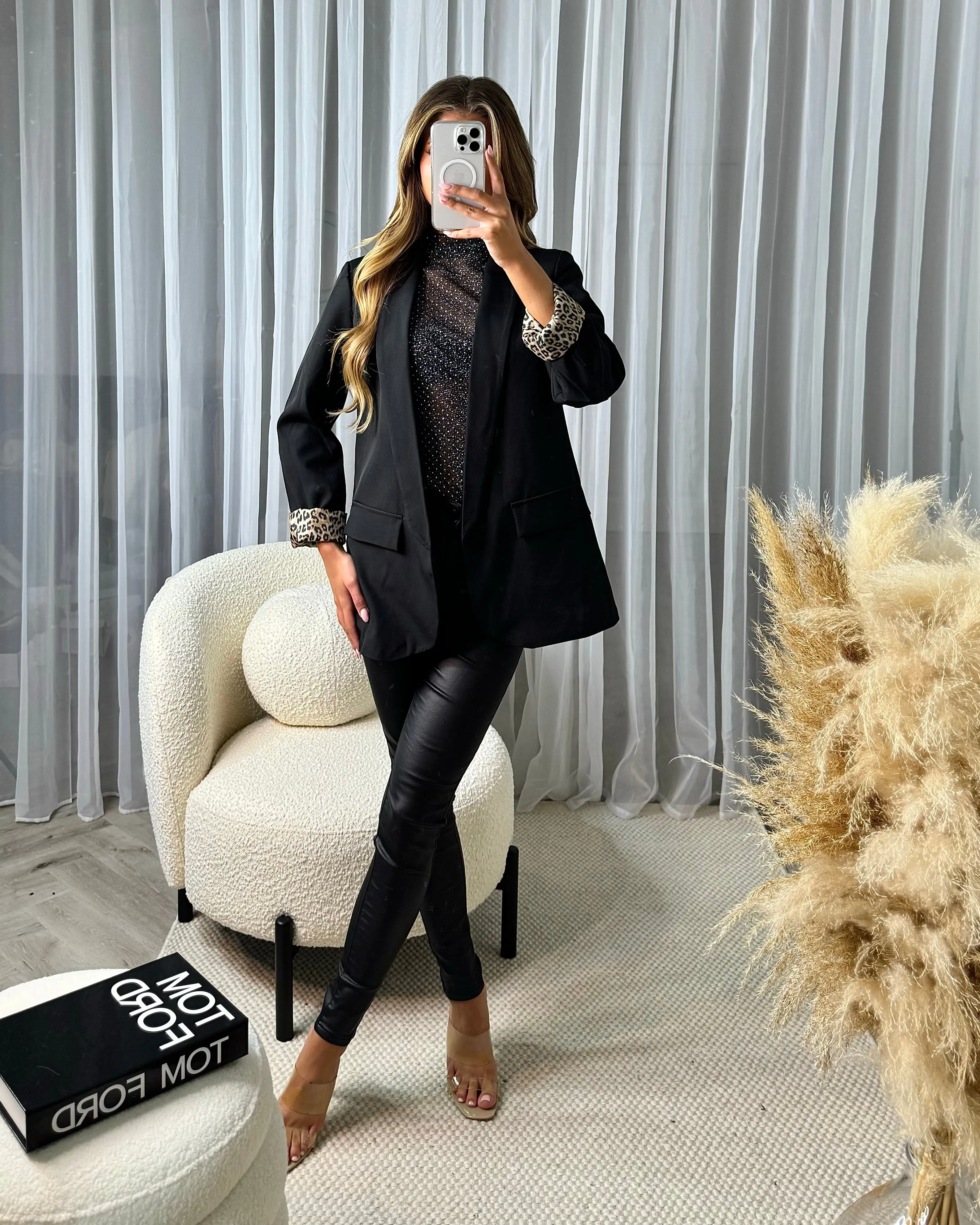 Elouise Leopard Print Detail Blazer - Black