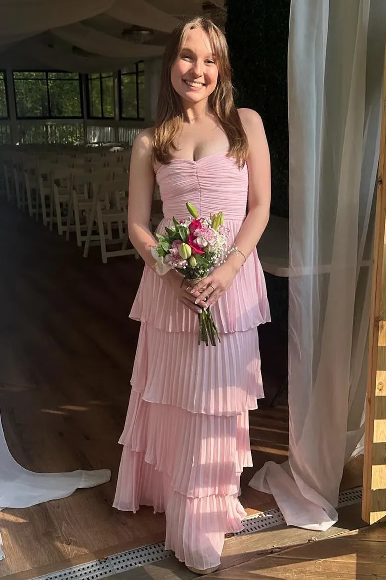 Emerald Green Strapless Ruched Multi-Layer Chiffon Long Formal Prom Party Dress