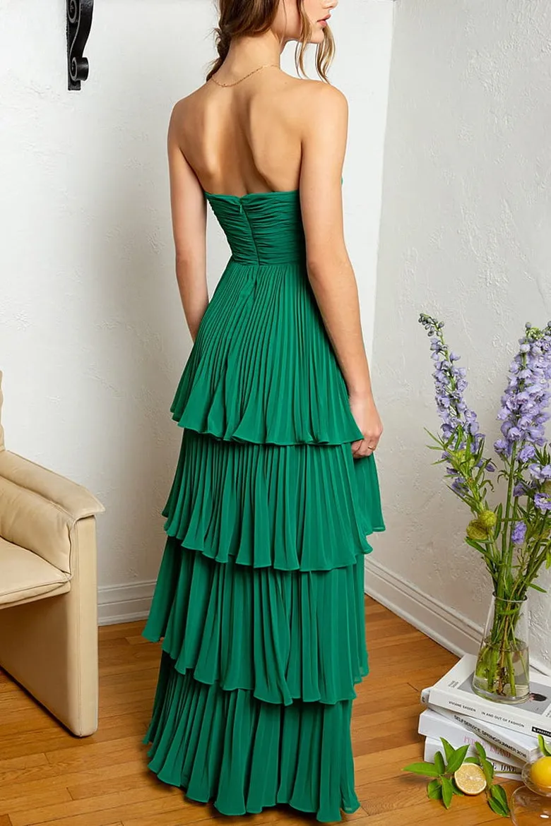 Emerald Green Strapless Ruched Multi-Layer Chiffon Long Formal Prom Party Dress