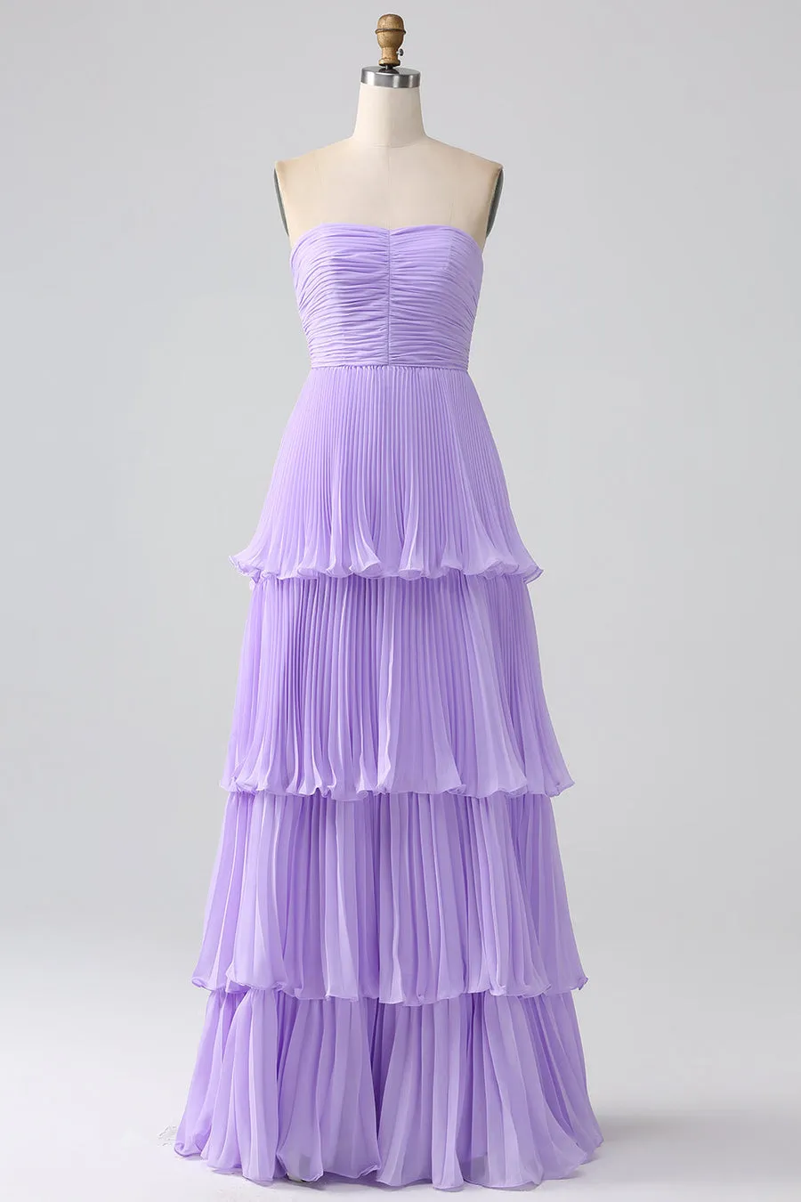 Emerald Green Strapless Ruched Multi-Layer Chiffon Long Formal Prom Party Dress