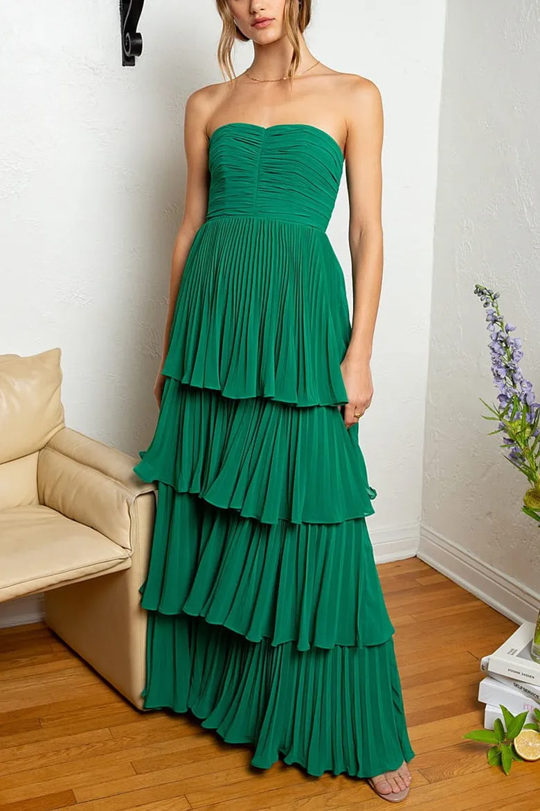Emerald Green Strapless Ruched Multi-Layer Chiffon Long Formal Prom Party Dress