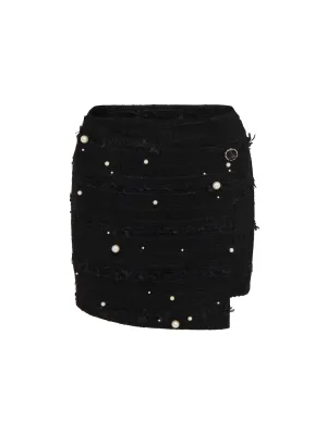 Faux Pearl-Embellished Asymmetric Wrap Skirt in Black
