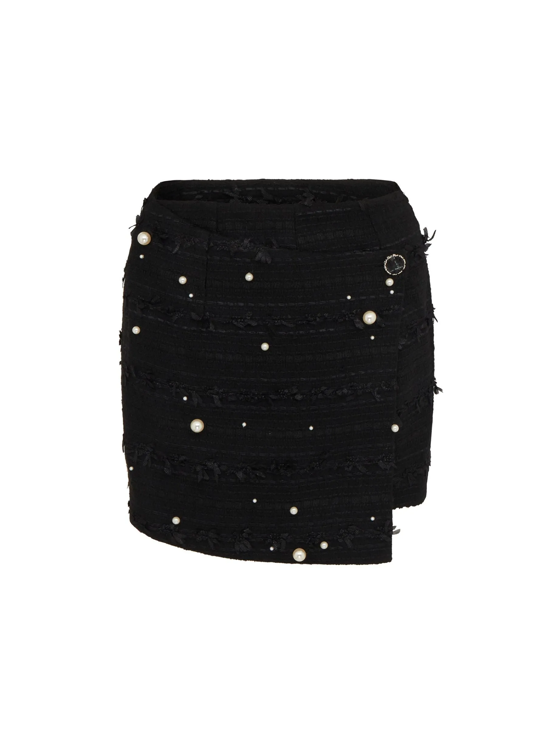 Faux Pearl-Embellished Asymmetric Wrap Skirt in Black