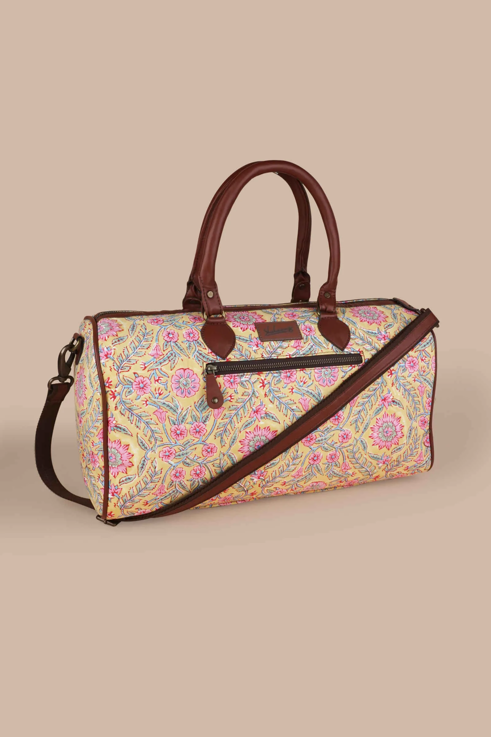 French Martini Hand Block Printed Yellow Duffle Bag