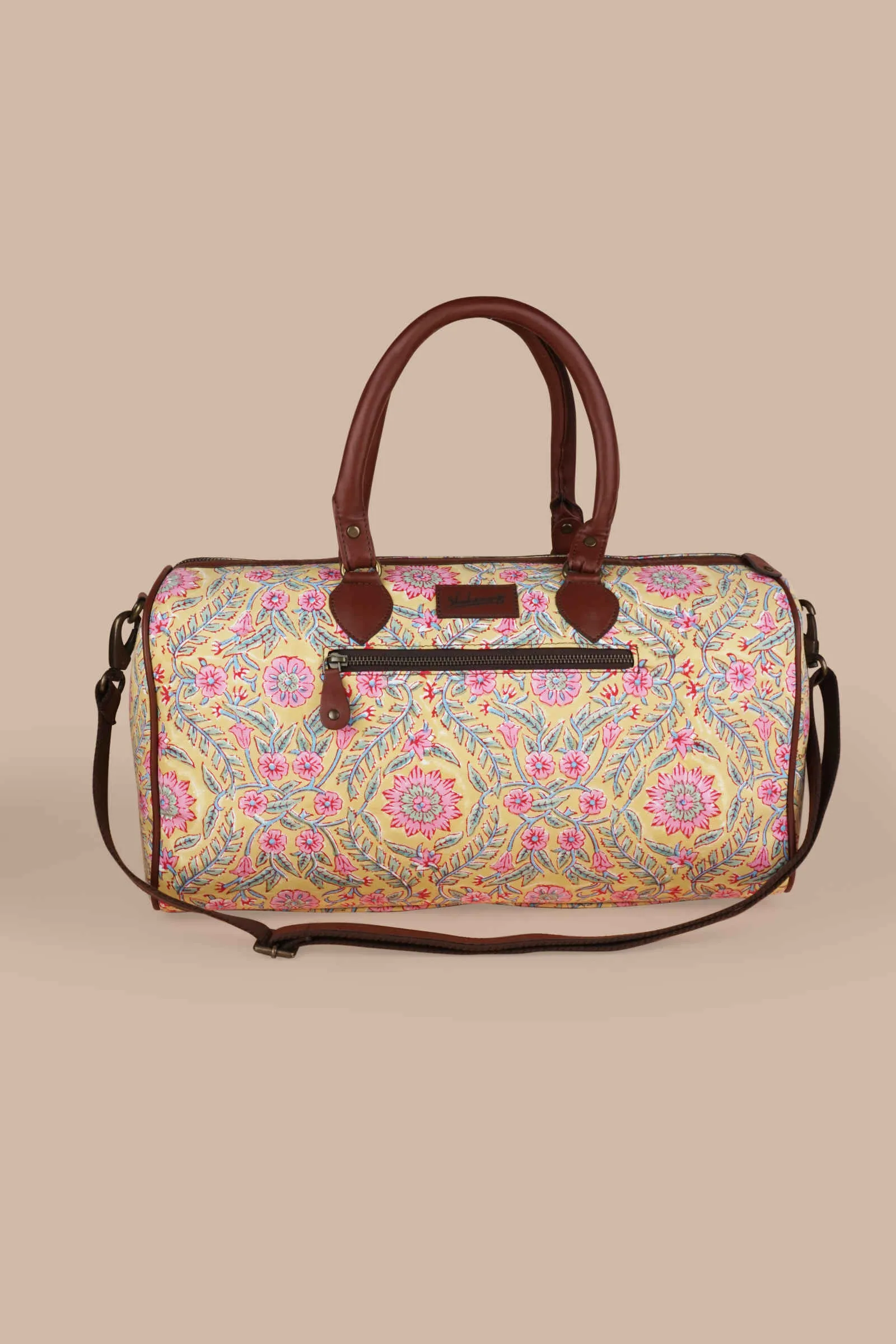 French Martini Hand Block Printed Yellow Duffle Bag
